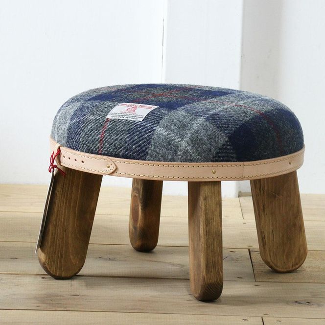まぁるいスツール【ネイビー&グレーチェック×ブラウン】 子供 椅子イスキッズ HARRIS TWEED（ハリスツイード） 家具   Z089