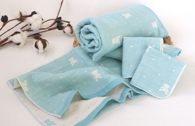 G1954 【babybear】多重ガーゼ  miniバスタオルタオル＆ハンカチ 4枚セット（ブルー）