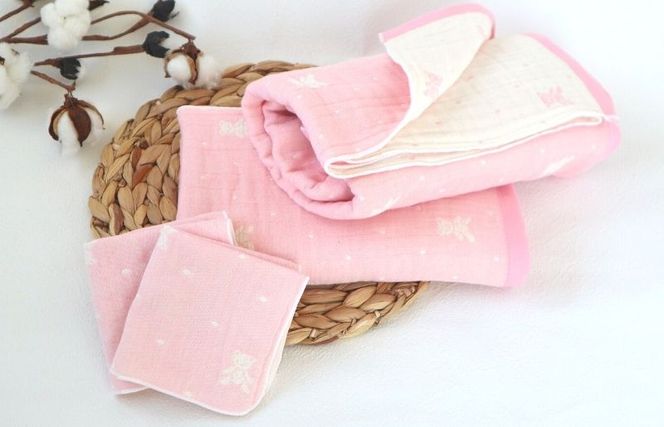 G1953 【babybear】多重ガーゼ miniバスタオルタオル＆ハンカチ 4枚セット（ピンク）