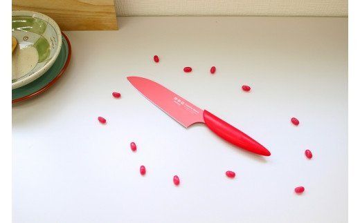 H7-82 カラフルビーンズ 三徳包丁 赤色 フッ素コーティング