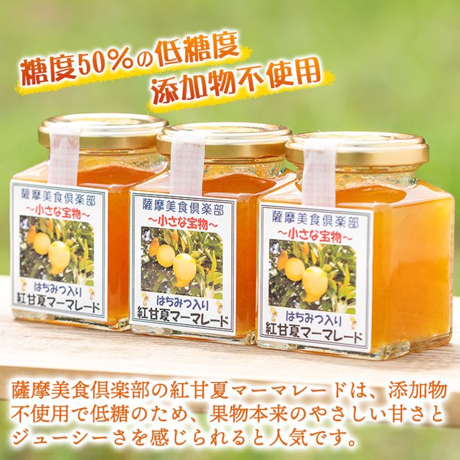 isa398 《数量限定》手作りはちみつ入り紅甘夏マーマレード(計3個・各180g)紅甘夏の果肉が入った無添加・低糖のハンドメイドジャム【薩摩美食倶楽部】