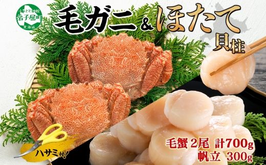 2459. 毛蟹 2尾 計700g前後 ホタテ 300g 専用ハサミ・食べ方ガイド付き 毛ガニ 毛がに 蟹 カニ カニ味噌 ほたて 帆立 貝柱 海鮮 ボイル 送料無料 北海道 弟子屈町