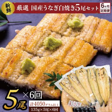 AD-142 【6か月定期便】満足サイズ！国内産うなぎ白焼（酒蒸し）5尾×6回　計4050g以上
