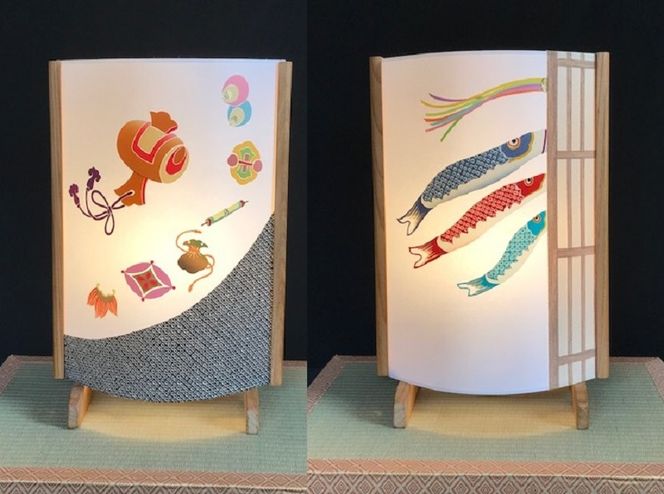 099H267 着物生地で作ったおしゃれな行灯（あんどん） 鯉のぼりと宝尽くし