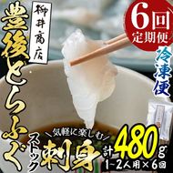 ＜定期便・全6回 (連続)＞とらふぐ刺身 (総量約480g・1-2人用×6回) とらふぐ ふぐ フグ ふぐ刺し フグ刺し ふぐ刺身 フグ刺身 刺身 鮮魚 冷凍 養殖 国産 大分県 佐伯市【AB204】【柳井商店】