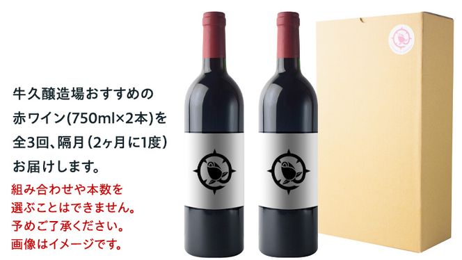 【 3ヶ月隔月 】 赤ワイン おまかせ 定期便 2本セット 飲み比べ 茨城県産 牛久醸造場 厳選 750ml × 2本 お酒 ワイン ワイン好き 初心者 上級者 贈り物 ギフト 詰め合わせ [BJ040us]