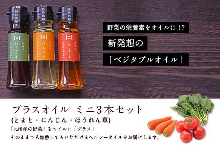 熊本県 大津町産 プラスオイル(とまと・にんじん・ほうれん草)ミニ3本セット(45g×3本)《60日以内に出荷予定(土日祝除く)》肥後製油株式会社---so_higopol_60d_22_12500_135g---