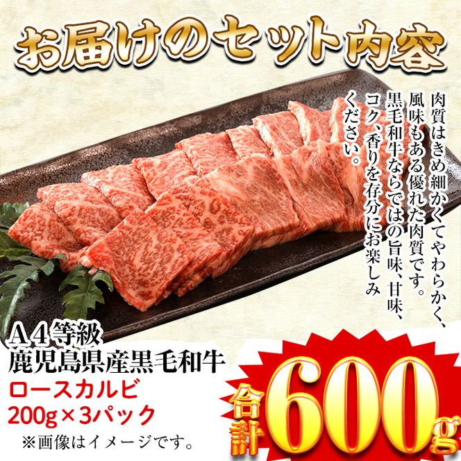 a482 鹿児島県産黒毛和牛(A4等級)焼肉用牛肉 ロースカルビスライス肉 600g(200g×3パック)【財宝】国産 肉 牛肉 ロース カルビ 焼き肉 スライス