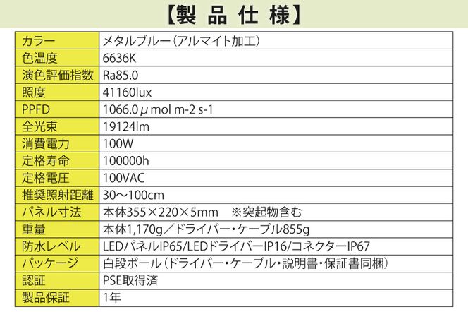 BN013-1　あらゆる植物・野菜・果樹に使用できる広角照射モデル　植物育成ライト「ヘリオスグリーンLED　PRO（HGP-101）」