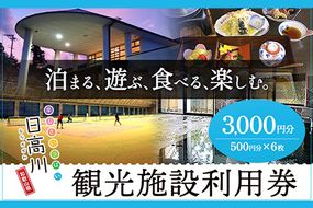 日高川町内の観光施設で利用できる「利用券」3,000円(500円券×6枚) 株式会社フラット・フィールド・オペレーションズ 日高川町事業所 (きのくに中津荘)《30日以内に出荷予定(土日祝を除く)》  和歌山県 日高川町 観光施設 利用券---iwshg_kfknkr_30d_23_12000_6i---