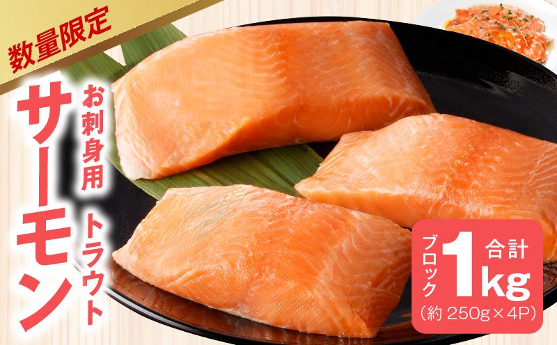 kgp0048 [期間限定]お刺身用 サーモン 1kg ブロック 小分け 約250g×4P ポーション 柵 訳あり サイズ不揃い