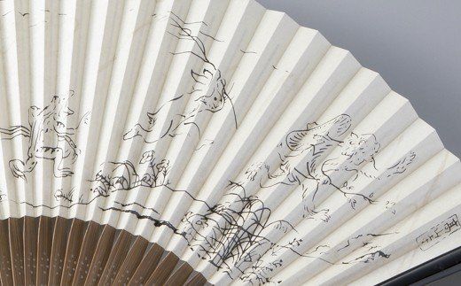 【L-574】鈴木扇子店 鳥獣戯画うるし画（親黒塗骨・仲唐木染骨・雲流紙） 7.2寸(約21.6cm）［高島屋選定品］