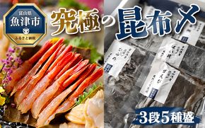 究極の昆布〆、3段5種盛（急速冷凍品）魚卸問屋はりたや 富山県魚津市 昆布締め こぶじめ 刺身 天然昆布