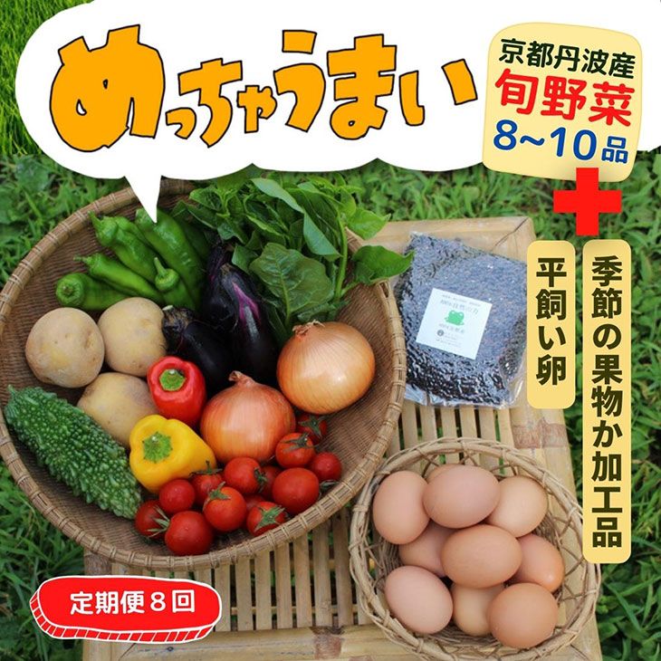 [8回定期便][369商店]京都丹波産旬の野菜セットデラックス!平飼い卵10個、季節の果物又は加工品 ※栽培期間中農薬・化学肥料不使用 ※北海道・沖縄・離島への配送不可 ※2025年5月より順次発送