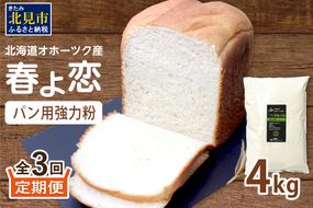 【3ヶ月定期便】【北海道オホーツク産】パン用強力粉 春よ恋 4kg ※賞味期限30日保証 ( パン用強力粉 北海道産 定期便 パン 製パン )【999-0134】