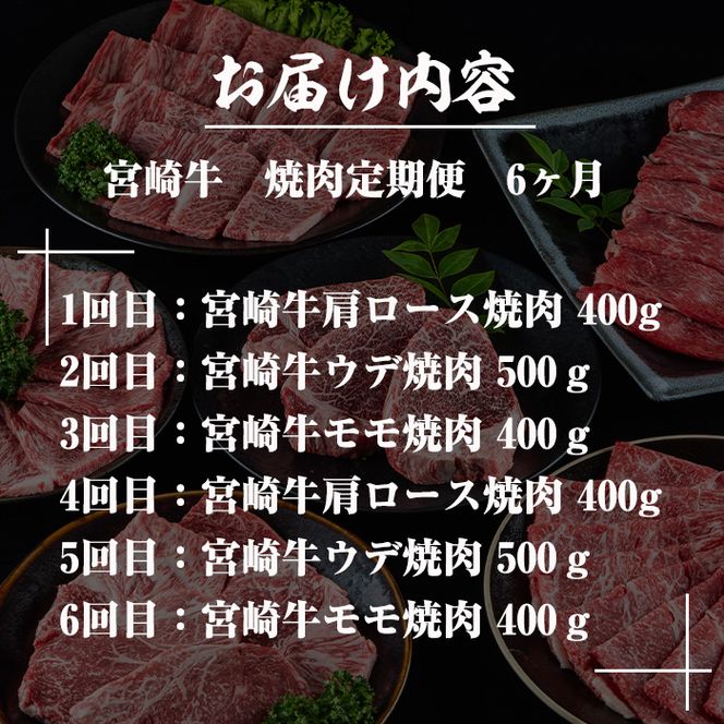 定期便・全6回(連続)＞宮崎牛焼肉定期便(総量2.6kg) 牛肉 もも 肉 肩ロース ウデ BBQ 精肉 お取り寄せ 黒毛和牛 ブランド和牛 冷凍 国産【R-79】【ミヤチク】（宮崎県門川町）  ふるさと納税サイト「ふるさとプレミアム」