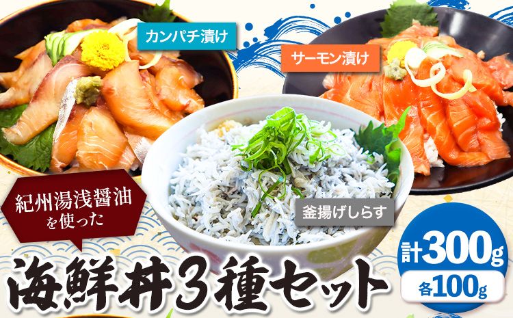 紀州湯浅醤油を使った サーモン と カンパチ の 漬け& 釜揚げ しらす の 海鮮丼 3種 セット 計300g 魚鶴商店 [30日以内に出荷予定(土日祝除く)] 和歌山県 日高町 サーモン カンパチ 釜揚げ しらす 漬け丼 海鮮丼 セット---wsh_futkd3_30d_23_12000_300g---