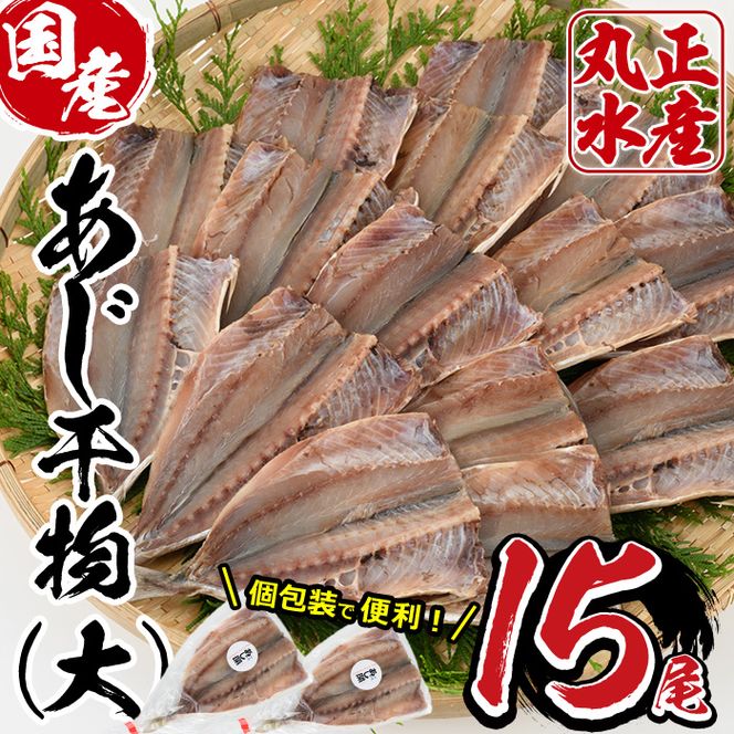 九州産あじの開き(1尾約20cm・計15枚)干物 ひもの 魚 さかな 鯵 アジ おかず 肴 おつまみ 簡単 時短 おかず お弁当 国産 冷凍 宮崎県 門川町【AW-3】【丸正水産】