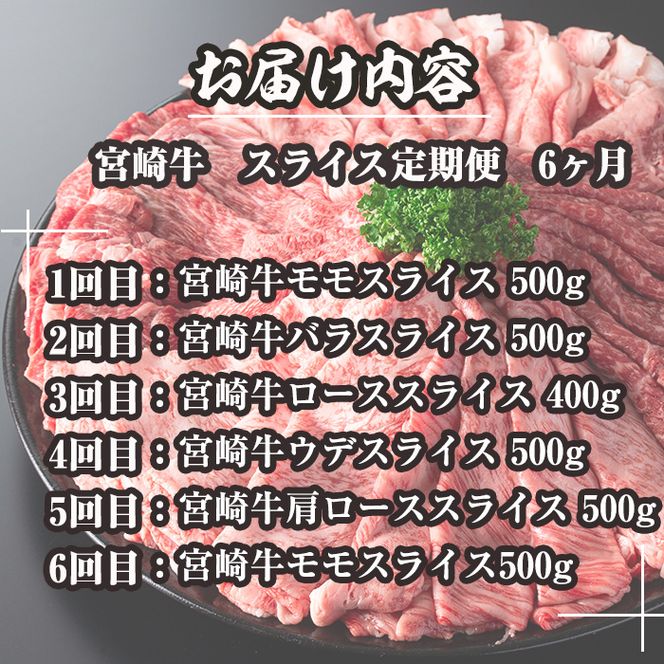 ＜定期便・全6回(連続)＞宮崎牛スライス定期便(総量2.9kg) 牛肉 肉 肩ロース ウデ バラ もも しゃぶしゃぶ すき焼き  精肉 お取り寄せ 黒毛和牛 ブランド和牛 冷凍 国産【R-80】【ミヤチク】