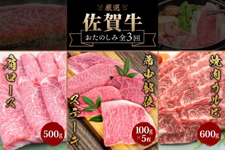 [3カ月連続定期便]ビールに最高!!人気のヒレステーキを含む佐賀牛「ステーキ 5種 食べ比べセット 500g」「焼肉カルビ 600g」「肩ロース 500g」 合計1.6kg[希少 国産和牛 牛肉 肉 牛 ステーキ すき焼き しゃぶしゃぶ 焼肉] (H085145)