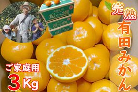 【ご家庭用】有田みかん  3kg （Ｓ～2Ｌサイズミックス）木成り完熟 大ちゃんの畑農園  CA11