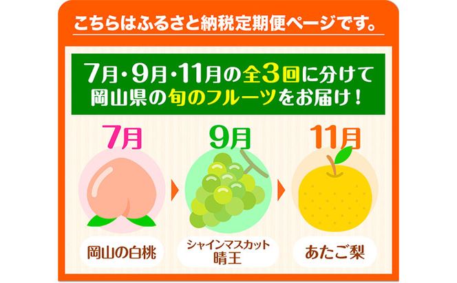 【2025年先行予約】 定期便3回コース(隔月) 岡山のフルーツ 岡山の白桃8玉 (計1.7kg以上) シャインマスカット 晴王 2房 (1房600g以上) あたご梨 4~5玉 (約4kg) 化粧箱入り 株式会社山博(中本青果) 《2025年7月上旬-11月下旬頃出荷》 岡山県 浅口市 送料無料---124_c278tei_23_71000_jul3---