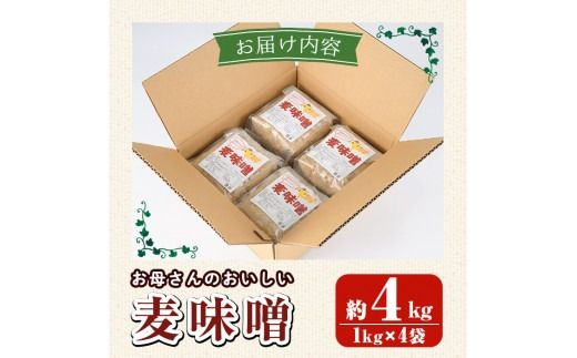 お母さんのおいしい麦味噌(計4kg・1kg×4袋)みそ 調味料 味噌 みそ汁 手作り 味噌汁 お味噌汁 朝ごはん ミソ 小分け 母の味【阿久根市生活研究グループ】akn072-01