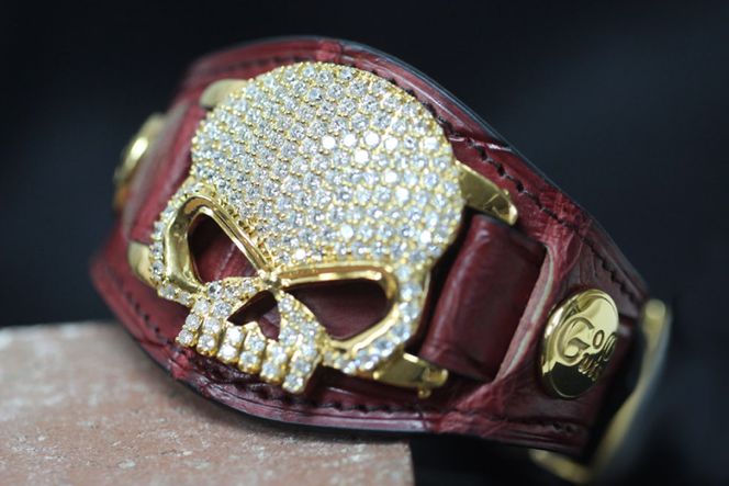 ブレスレット Go-Guts スカルモチーフ K18YG ダイヤ 約6.45ct 【gg001-k18yg】 [オーダーメイドジュエリーメイ 山梨県 韮崎市 20743569] アクセ 腕輪 レザー 革