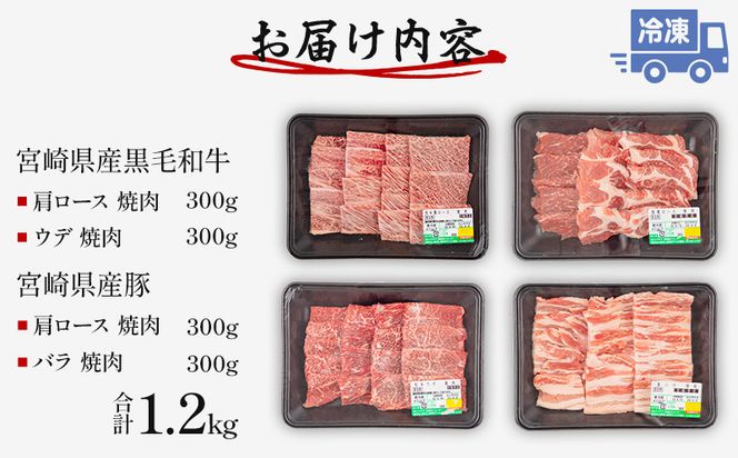 宮崎県産 豚肩ロース・豚バラ 黒毛和牛 肩ロース・ウデ 焼肉 各300g×1