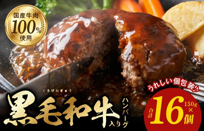 G832 黒毛和牛入り 国産牛肉100％ ハンバーグ 150g×16個 個包装