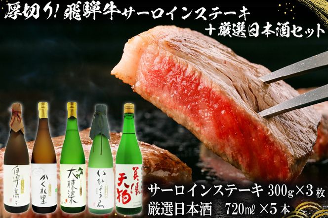 4-1　厚切り！飛騨牛サーロインステーキ300g×3枚 + 厳選日本酒720ml×5本【0026-035】