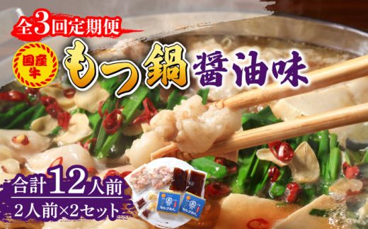 【全3回定期便】国産牛 もつ鍋 醤油味2人前×2セット（計4人前）〆はマルゴめん 福岡県産の米粉麺付き《築上町》【株式会社マル五】[ABCJ132]