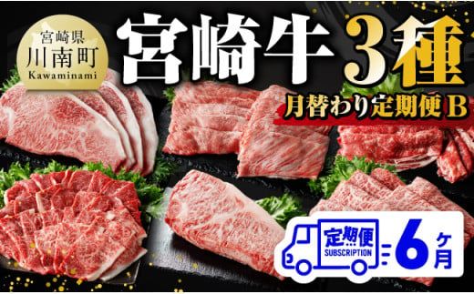 【 6ヶ月定期便 】 宮崎牛 3種 月替わり 定期便B 全6回【 肉 牛肉 国産 宮崎県産 宮崎牛 黒毛和牛 和牛 焼肉 しゃぶしゃぶ すきしゃぶ 焼しゃぶ ステーキ 】 [E11013t6]