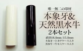 高級本象牙印鑑＆天然黒水牛印鑑 2本Ａセット（男性向け）　はんこ ハンコ 実印 銀行印 認印 ケース付 オーダー　18.0㎜ 15.0㎜