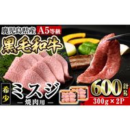 a862 ≪A5等級！希少部位≫鹿児島県産黒毛和牛ミスジ焼肉計600g(300g×2P)【水迫畜産】姶良市 国産 牛肉 和牛 焼き肉