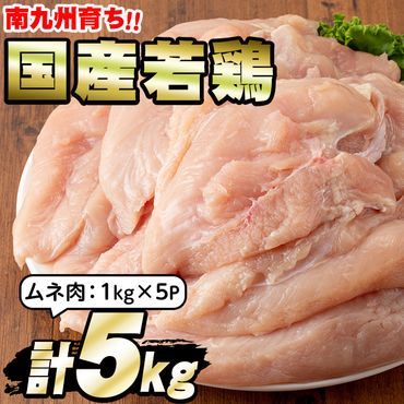 【10826】国産若鶏肉のムネ肉(計5kg・1kg×5P)【エビス】