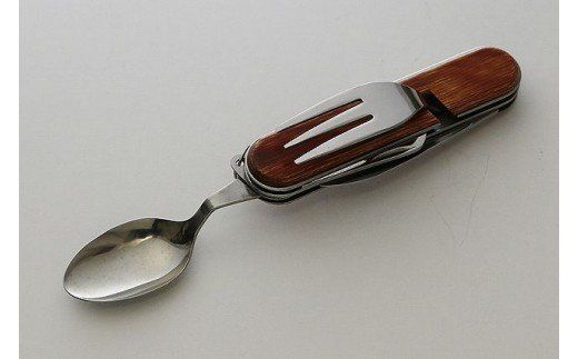 H13-01 茶合板柄 スプーン・フォーク付 5徳 引割ナイフ（KT-531） ～アウトドア キャンプ バーベキュー BBQ カトラリー 栓抜き 缶切 ナイフ 便利 多目的 多機能 マルチ 多機能ツール マルチツール 関の刃物～