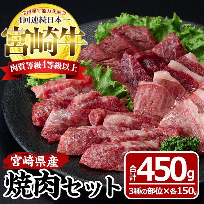 宮崎牛焼肉セット(合計450g・バラ、モモ、肩×各150g)国産 九州産 宮崎県産 牛肉 お肉 おにく ブランド牛 冷凍【MF-10】【エムファーム】