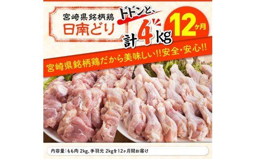 【12ヶ月定期便】宮崎県産若鶏　日南どり　もも肉＆手羽元　計4kg（各2㎏×1） 【 ふるさと納税 鶏肉 鶏 若鶏 もも 手羽元 セット 宮崎県産 川南町 おうち時間 おうちごはん 定期便 送料無料 】 [C05304t12]