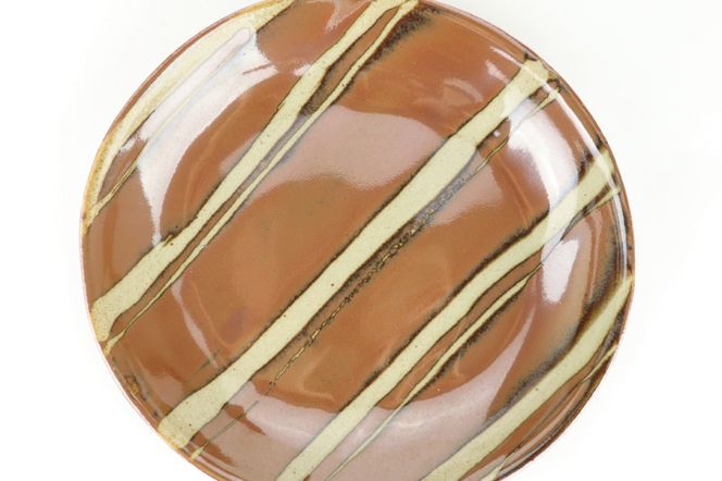 AT009　益子焼　萩原芳典　柿釉線紋楕円皿セット