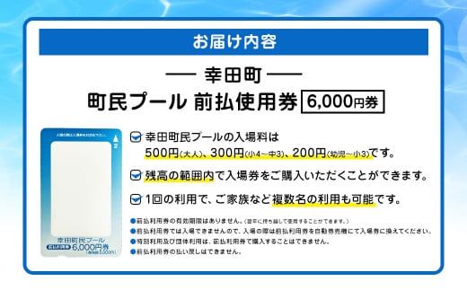 町民プール 前払使用券 （6,000円券） 1枚 利用券 プール チケット ウォータースライダー 室内プール 体験