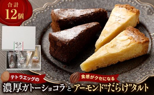 テトラエッグの濃厚ガトーショコラと食感がクセになるアーモンド ”だらけ” タルト 計12個 ( 各6個 ) ケーキ チョコ ビター スイーツ セット デザート