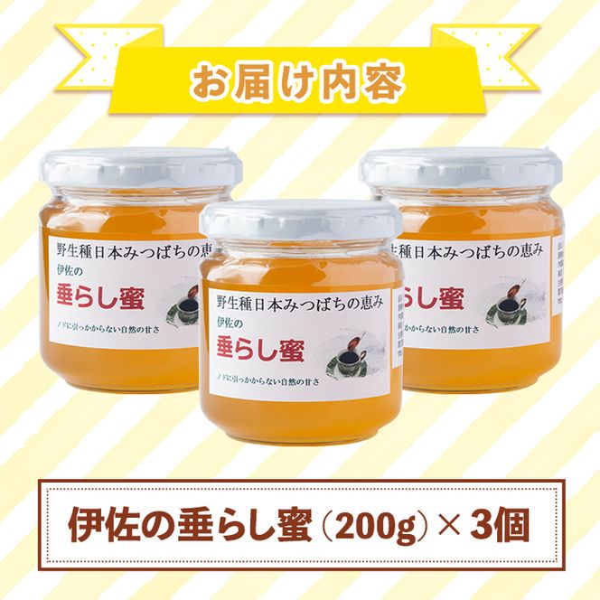 C0-05 ＜数量限定＞伊佐の垂らし蜜(600g・200g×3個) 野生種日本ミツバチが集めた貴重な蜂蜜！ゆず畑に囲まれた地域で採れた爽やかな味わいのハチミツ【ゆず香房】