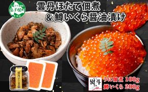 3084. 無地熨斗 雲丹ほたて佃煮 鱒いくら醤油漬け 計300g 小分け 雲丹 ウニ うに 帆立 ホタテ ほたて いくら イクラ 佃煮 おつまみ 海鮮 熨斗 のし 名入れ不可 送料無料 北海道 弟子屈町