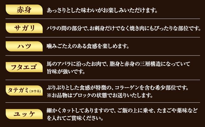 馬刺し 6種 セット 420g 醤油 タレ 付き 桜屋《30日以内に出荷予定(土日祝除く)》 熊本県 長洲町 送料無料 肉 馬肉 馬さし 赤身 タテガミ ハツ サガリ フタエゴ ユッケ---sn_fskb6syu_30d_24_22000_420g---