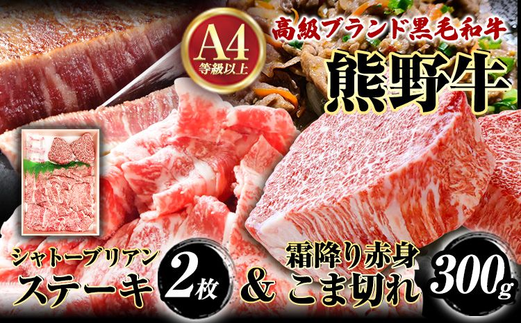 熊野牛A4以上 ヒレシャトーブリアンステーキ 200g(100g×2枚) & 霜降り赤身こま切れ300g 株式会社魚鶴商店[30日以内に出荷予定(土日祝除く)] 和歌山県 日高町 熊野牛 黒毛和牛 A4等級以上 霜降り 肩ロース---wsh_futshssk_30d_23_35000_500g---