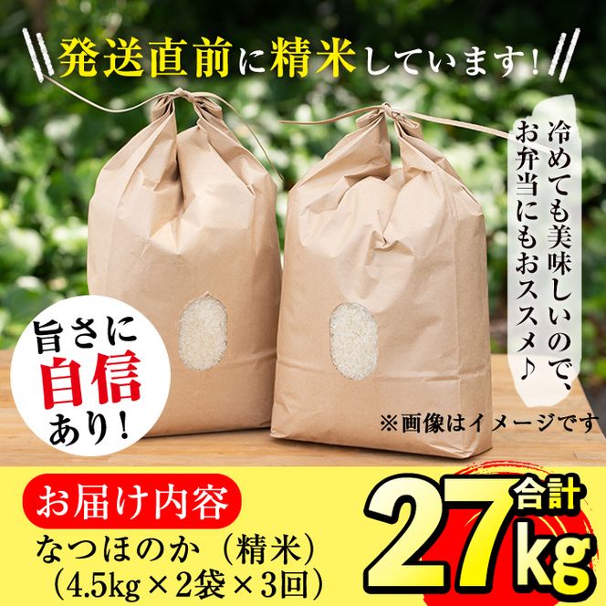 【定期便・全3回】【米の匠】川崎さん自慢のなつほのか＜白米＞ 合計27kg(4.5kg×2袋×3回) t0066-004