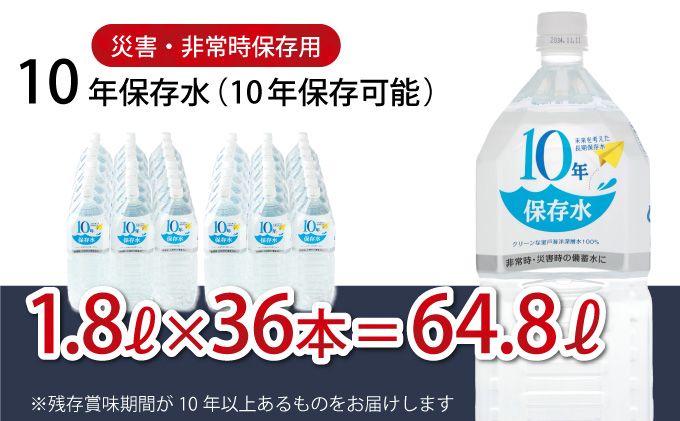 10年保存水 大人3人 1週間分 計64.8L 1.8L×36本セット 水 10年保存可能 室戸海洋深層水100%使用 ミネラルウォーター ペットボトル 長期保存水 備蓄水 備蓄用 非常災害備蓄用 災害用 避難用品 防災グッズ 送料無料 ak028!