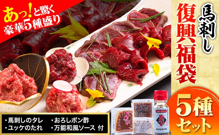 馬刺し復興福袋5種セット 千興ファーム 馬肉 冷凍 [60日以内に順次出荷(土日祝含む)] 新鮮 赤身 ユッケ フタエゴ タタキ 桜うまトロ さばきたて 生食用 肉 熊本県御船町 馬刺し 馬肉 惣菜 希少部位 ばさし 馬刺 贈答 ギフト---mifune_snk_23_5set---