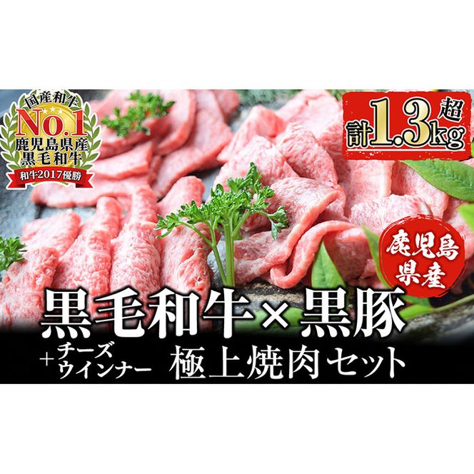 【鹿児島県産黒毛和牛・黒豚】お家でいただく極上 焼肉セット(チーズウインナー＆タレ付き)計1.3kg以上 b5-180